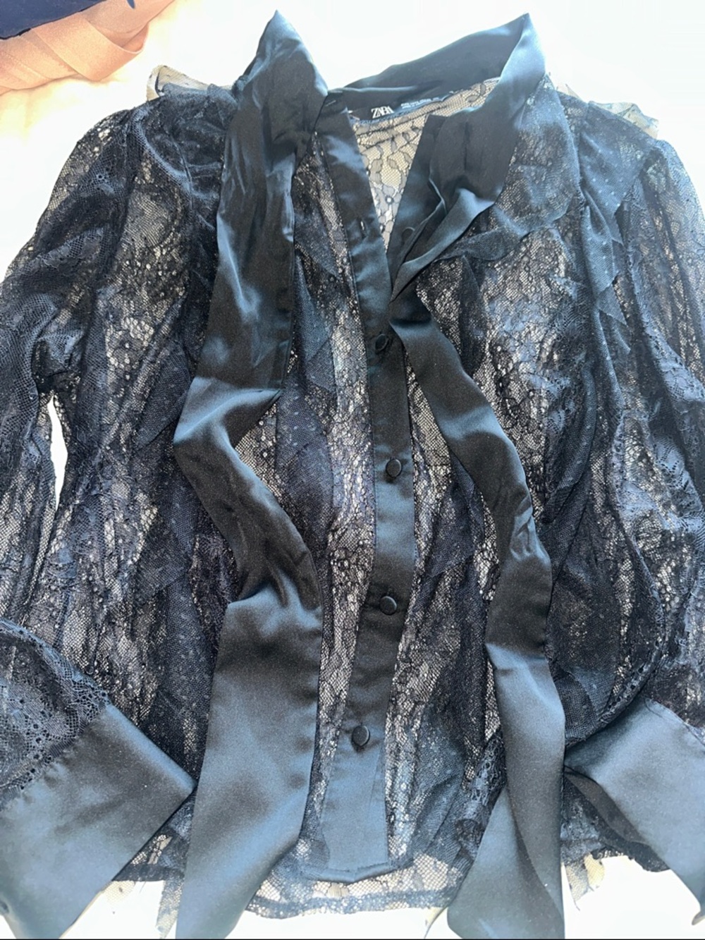 Zara Black Lace Sheer Bow-Tie Blouse